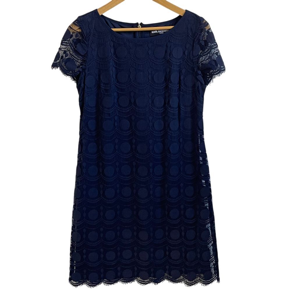 Karl Lagerfeld Navy Blue‎ Lace Overlay Cocktail Dress Short Sleeve Party Size 6